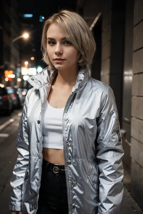 self confident young woman with short blond hair with silver coat