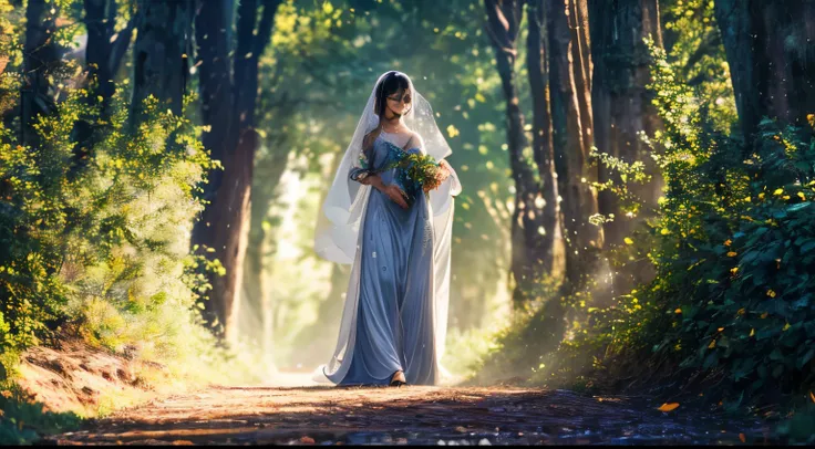 As she walked through the ethereal gateway, the air around her shimmered with an otherworldly light, and the sounds of the forest transformed into a symphony of enchanting melodies.