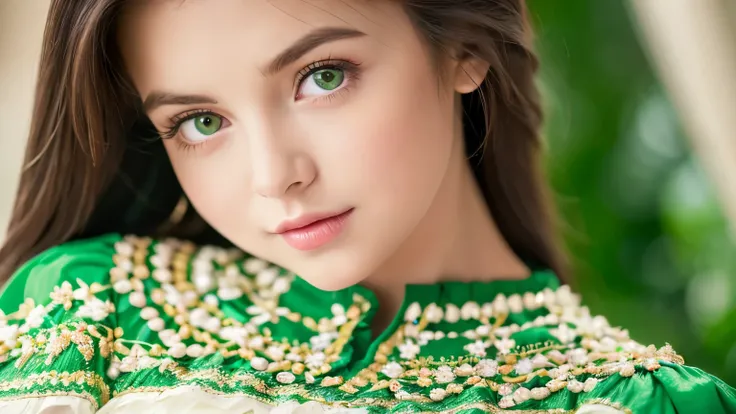 (8K, RAW photo, highest quality, masterpiece:1.2), (realistic, photo-realistic:1.37),1 girl, dress, green eyes, long hair, ultra detail cloth, beautiful decoration on dress,