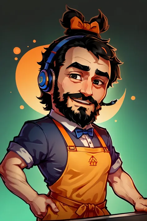 a stickers ,  man  who  a bartender. black short hair and full beard  using a orange blue colored gaming headset. he has a frien...