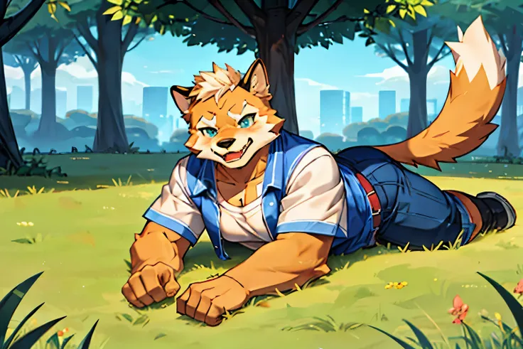 chubby male furry, canine, laying on grass under tree, shirt on, bulge in pants, blushing, fluffy tail, floppy ears