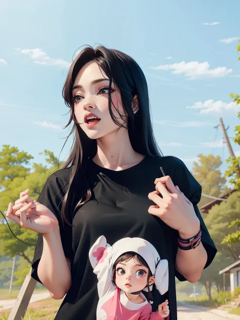 arafed woman with a black shirt with a picture of a baby on it, blackpink jennie, nivanh chanthara, portrait of jossi of blackpink, portait photo profile picture, ruan cute vtuber, wearing black tshirt, jossi of blackpink, mai anh tran,  my linh, a young a...