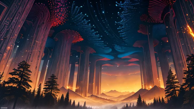 (masterpiece, top quality, best quality, official art, beautiful and aesthetic:1.2), extreme detailed,(fractal art:1.3),colorful,highest detailed, daylight fading away, night silhouettes in the sky, mountains, trees, will-o-wisps, fireflies, 