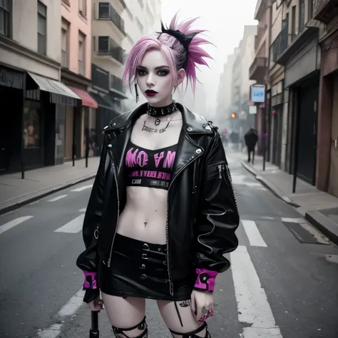 goth, excited, pale skin, smoky eyes, vivid colors, punk clothing, punk hairstyle, pink hair, black lips, abandoned street, body view, smoking a cigarette