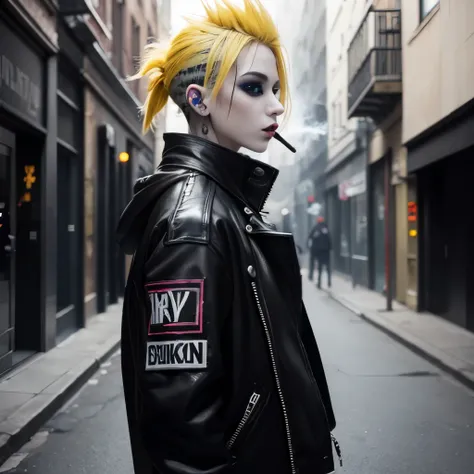 goth, excited, pale skin, smoky eyes, vivid colors, punk clothing, punk hairstyle, yellow hair, black lips, abandoned street, body view, smoking a cigarette