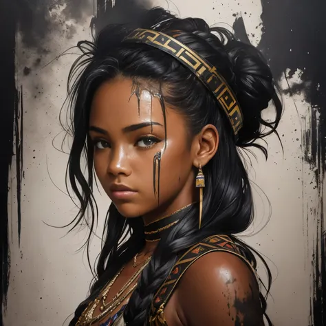 In this digital painting, the artist uses wet oil ink poured on a gangster an a front View of Weathered Face of very young girl Amerindian Ethnic Characteristics to create a captivating and visually striking image. The ink spots are visible, adding texture...