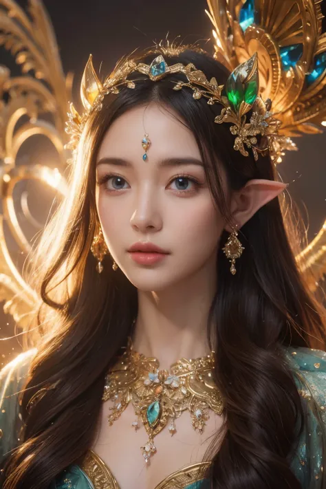 (Best quality, 4k, High-resolution, Masterpiece:1.2), Ultra-detailed, Realistic, Radiant lighting, Epoch Elves, Portraits, Fantastical colors, Fine art, Ethereal beings, Dreamlike, Whimsical creatures, Detailed facial features, Glowing eyes, Elven beauties...