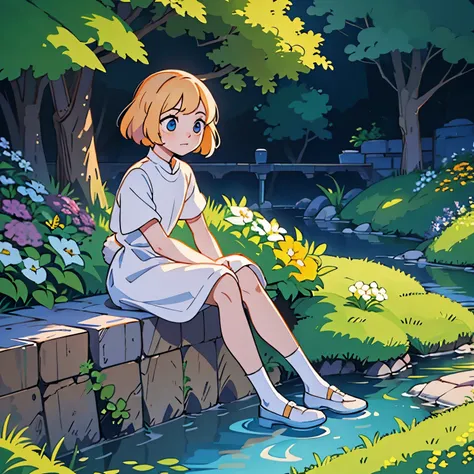 beaultiful feminine boy, rabbit boy, white dress, light hair, garden, sitting by a river, beaultiful eyes, oranged eyes