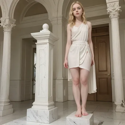  pale skin Sophia Lillis standing on top of a marble pedestal, white toga, long wavy blonde hair, thick body, 