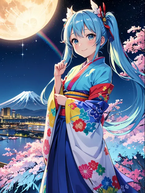 Mt. Fuji in the background　super idol　beautiful girl　charming smile　sky blue hair　hair length　twin tails　white and red、blue and yellow、green、pink、;Japanese kimono you&#39;ve never seen before、looking at camera　The angel has large rainbow-colored angel wing...