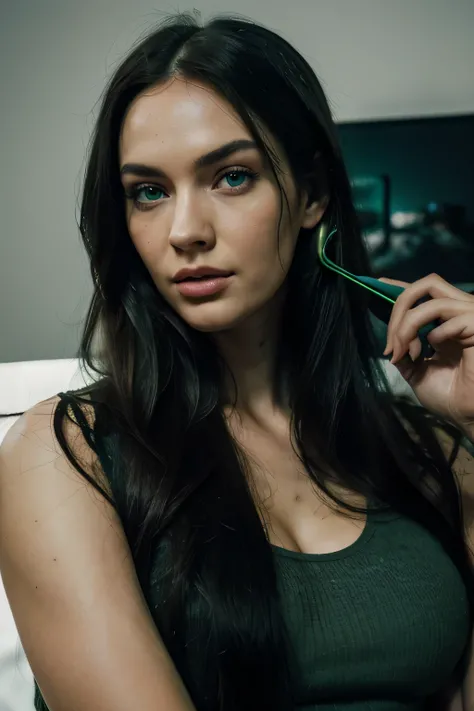 a woman with long black hair and green eyes gaming and playing at a PlayStation eating chips wearing headset, with green eyes, with stunning green eyes, keine Falten, Modelgesicht wie Megan Fox, big lips, Ultrarealistische digitale Malerei, Hyperrealistisc...