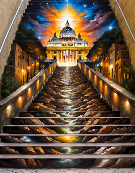 masterpiece, best quality, stair-art, Vatican, nighttime, renaissance oil painting, stairway to heaven, divine, vibrant, flash-photography, high-saturation