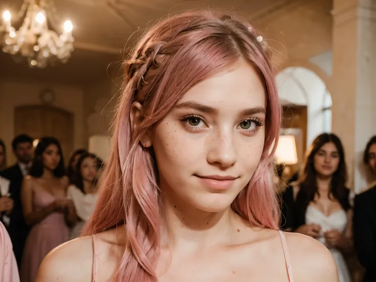 wedding party, wedding cloth,pink hair, long hair, beautiful woman,cute dress, mole under lip, freckles on face, canon ouverture 1.8 objectif 35mm, bright eyes, happy facial expression, mole above upper lip, full lip