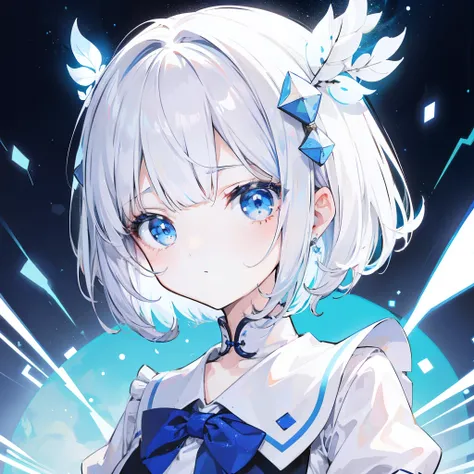 Short white hair and flush banglue with white school uniform soft girl，There are blue ornaments on the head，She  a cute little loli，Binary numeric functionality