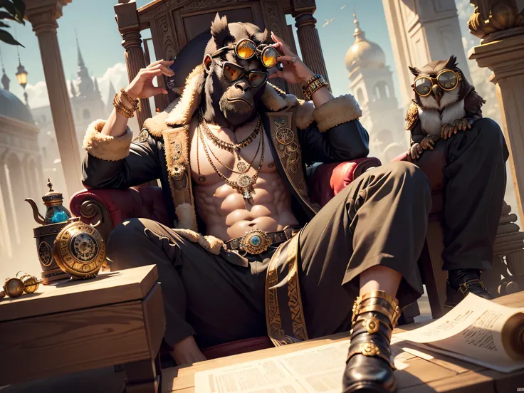 masterpiece, best quality, photo realistic ,fashionmonkey, gorilla, eye wear on head, gears, gem, goggles , gold, jewelry, magic circle,male_focus, owl, pants, shoes, sunglasses, tassel, throne,