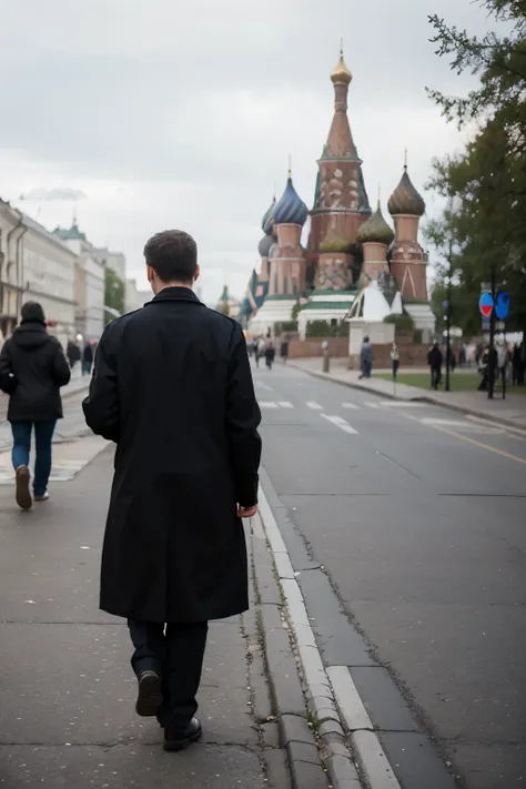 draw a man walking down the street in Moscow
