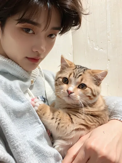 there  a man holding a cat in his arms, cai xukun, kim doyoung, jinyoung shin, jung jaehyun, wonbin lee, hsiao-ron, ten lee, huang renjun, hyung tae, jungkook, sakimichan, male ulzzang, with small cat on lap, inspired by Bian Shoumin, inspired by jeonseok ...