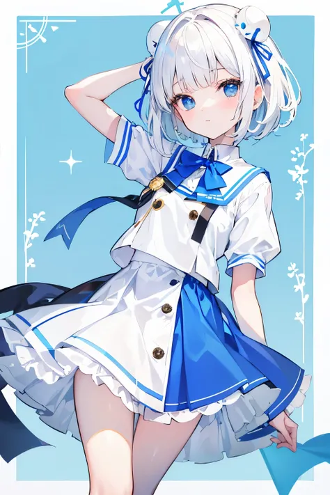 Short white hair and flush bangs，Light blue with white school uniform soft girl，There are blue ornaments on the head，She  a cute little loli，Binary numeric functionality