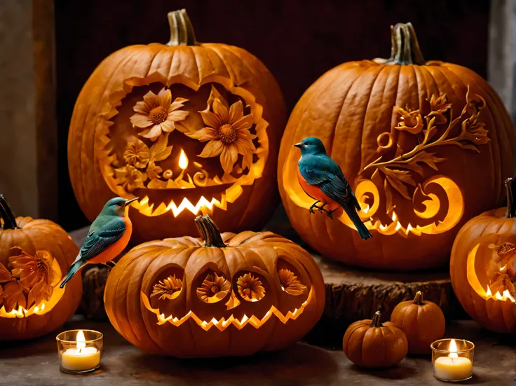 Pumpkin carving, carved flowers and birds, candle inside