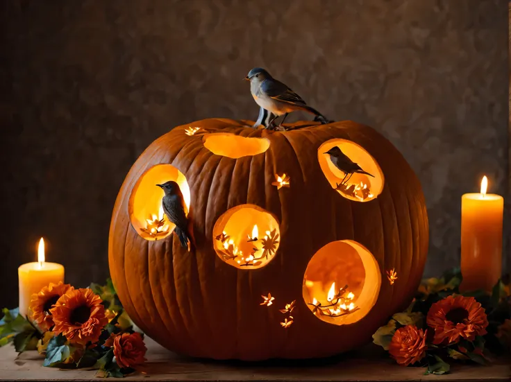 Pumpkin carving, carved flowers and birds, candle inside