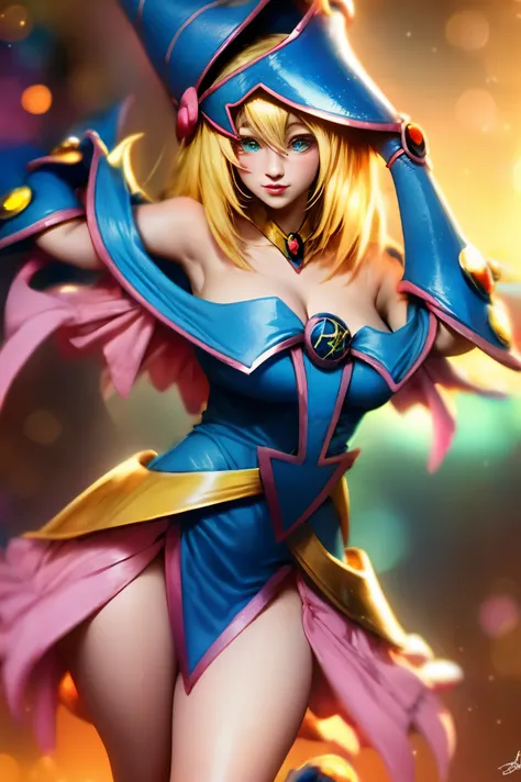 Dark magician girl, realista, 1girl, (Magical Girl:1.4), cabello largo y rubio, (ojos azules), (Cristales, bokeh brillante), Uniforme de dark magician girl, (pechos enormes:1.25), escote, caderas anchas, small waist, clavicle, labios separados, maquillaje,...