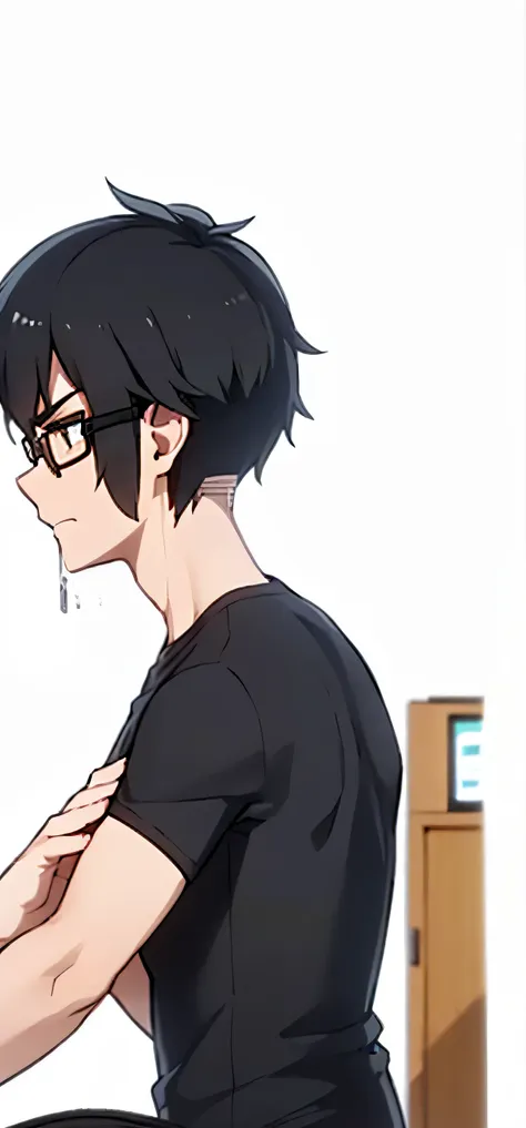 man, black hair, brown eyes, glasses, black t-shirt, man сидит за laptopом, laptop, table, background room with bookshelf, bed a...