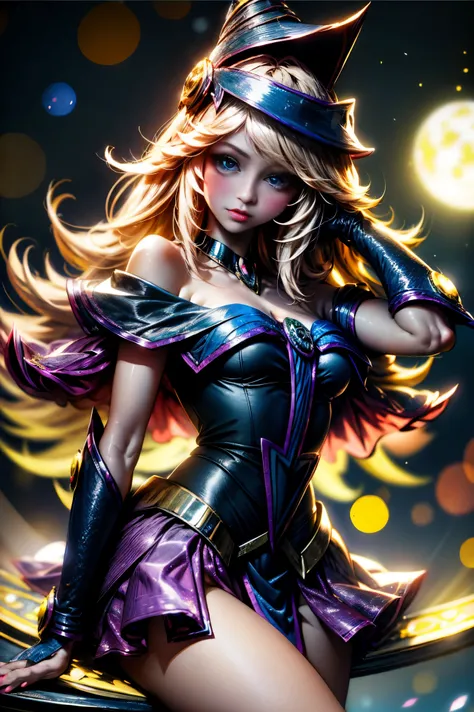 Dark magician girl, realista, 1girl, (Magical Girl:1.4), cabello largo y rubio, (ojos azules), (Cristales, bokeh brillante), Uniforme de dark magician girl, (pechos enormes:1.25), escote, caderas anchas, small waist, clavicle, labios separados, maquillaje,...