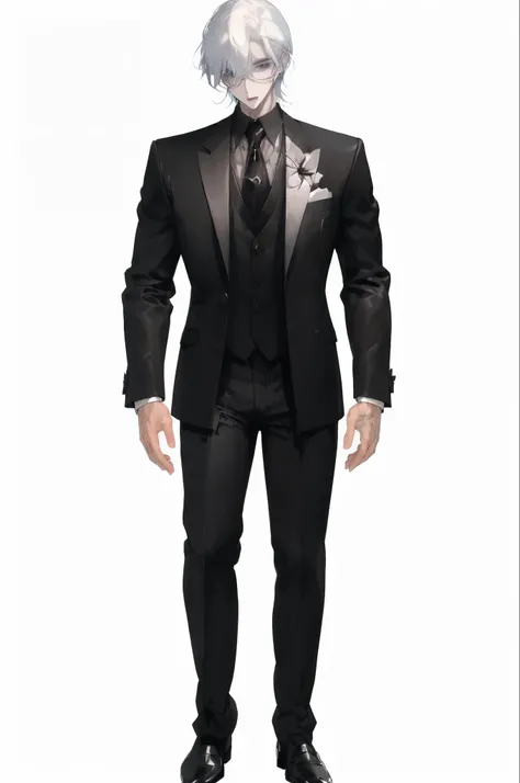 anime character dressed in black suit and tie with white hair, !!full body portrait!!, slender man, man in black suit, wearing a black suit, single character full body, dark suit, wearing black suit, in a black suit, fullbody portrait, tall anime guy with ...