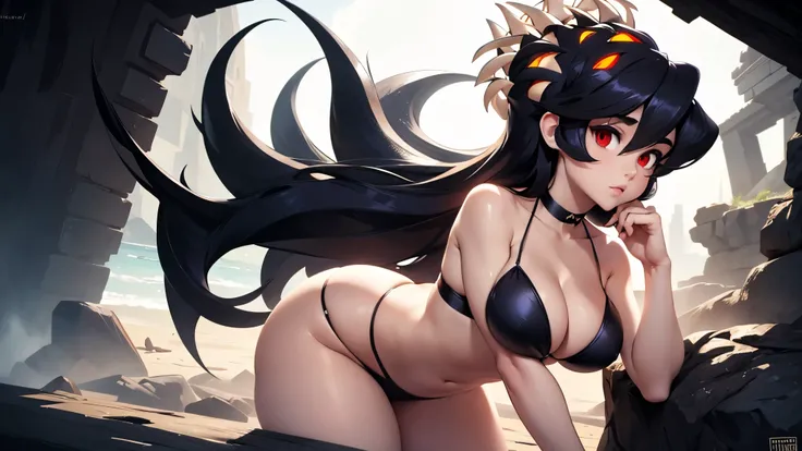 Filia, wearing a sexy black bikini, big breasts, wide hips, tiny waist, big thighs, big ass, long hair, detailed eyes, anatomically perfect body, long legs, feminine and beautiful hands, detailed image, detailed body, detailed hands, detailed background, b...