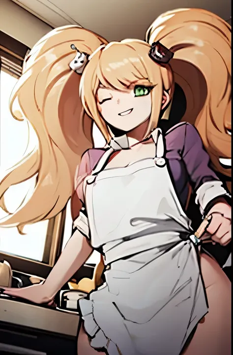 naked apron, smile, looking at viewer, large breasts, green eyes, indoors, kitchen, one eye closed, twintails, wide hips, blonde hair, (tall female), from below