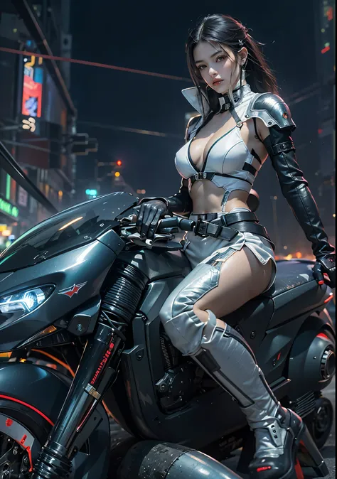 Huntress riding a high-tech motorcycle, Shoot high-tech cannons, Sparks from guns, (1 female, brown eyes, white skin, Twin-tailed black hair, choker, small breasts, skinny, lip whole, compensate, eyeliner, Russia), Wearing black one-piece leather armor, Lo...