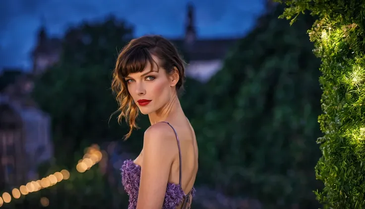 There is a beautiful girl "Milla Jovovich", com um vestido longo e detalhado cor de cereja, em uma pequena cidade em uma noite chuvosa, no jardim de uma casa, public lighting pole, cor, um pouco de musgo, Casa sombreada em uma floresta em tempo tempestuoso...