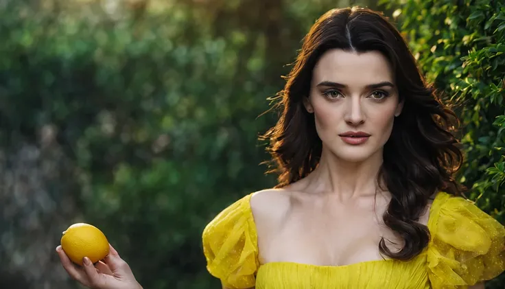 There is a beautiful girl "Rachel Weisz", with a long, detailed Lemon Yellow dress, em uma pequena cidade em uma noite chuvosa, no jardim de uma casa, public lighting pole, cor, um pouco de musgo, Casa sombreada em uma floresta em tempo tempestuoso, Lavand...