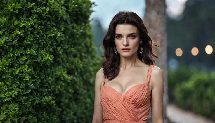 There is a beautiful girl "Rachel Weisz", with a long, detailed Salmon dress, em uma pequena cidade em uma noite chuvosa, no jardim de uma casa, public lighting pole, cor, um pouco de musgo, Casa sombreada em uma floresta em tempo tempestuoso, Lavanda, flo...