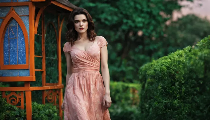 There is a beautiful girl "Rachel Weisz", with a long, detailed Salmon dress, em uma pequena cidade em uma noite chuvosa, no jardim de uma casa, public lighting pole, cor, um pouco de musgo, Casa sombreada em uma floresta em tempo tempestuoso, Lavanda, flo...