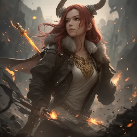 Viking warrior with red hair, golden snake eyes, dressed in a fur lined battle jacket. She looks fierce, raising her battle axe just before she deals a deadly blow to the dragon that lays at her feet.  --auto --s2