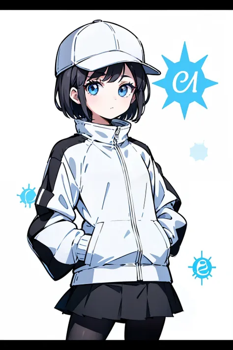 1girl, solo, blue eyes, (detailed eyes), flat chest, ((short hair)), black hair, (baseball hat), white cap, ((waterproof jacket)), (white jacket), skirt, black skirt, black socks, standing, (hands in pockets), (Closed sweater), upper body, white background...