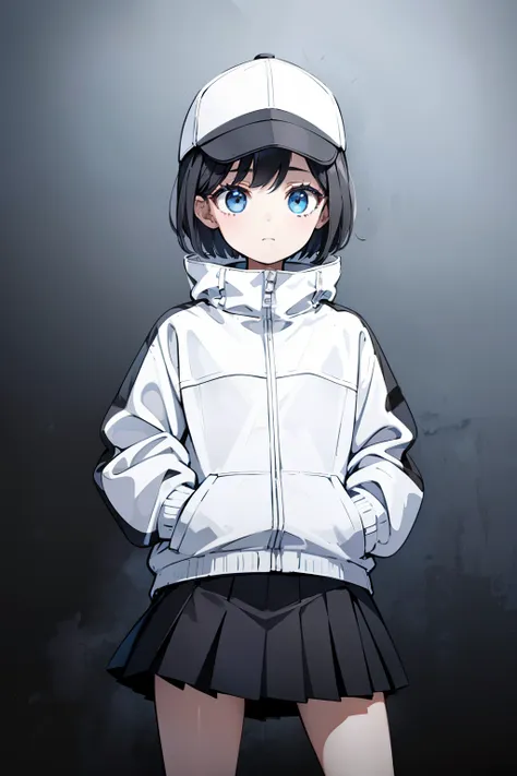 1girl, solo, blue eyes, (detailed eyes), flat chest, ((short hair)), black hair, (baseball hat), white cap, (waterproof jacket), (white jacket), skirt, black skirt, black socks, standing, (hands in pockets), (Closed sweater), upper body, (white background)...