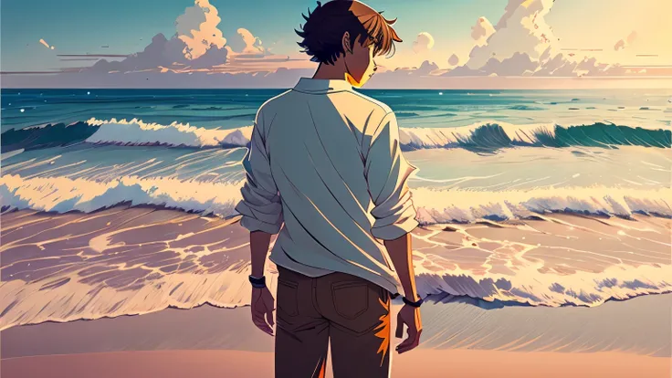 Ultra-fine illustration, Anime - style photo of a man standing on the beach and looking at the sea, makoto shinkai art style, makoto shinkai style, makoto shinkai!!, makoto shinkai!, handsome anime pose, Shoulder visible, makoto shinkai. digital rendering,...