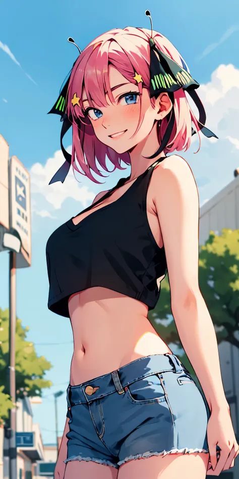 2d, masterpiece, best quality, anime, highly detailed, 1girl, solo, cowboy shot, nakano nino, pink hair, butterfly hair ornament, crop top , cleavage, Denim shorts , medium breasts, standing, school, outdoors, smile