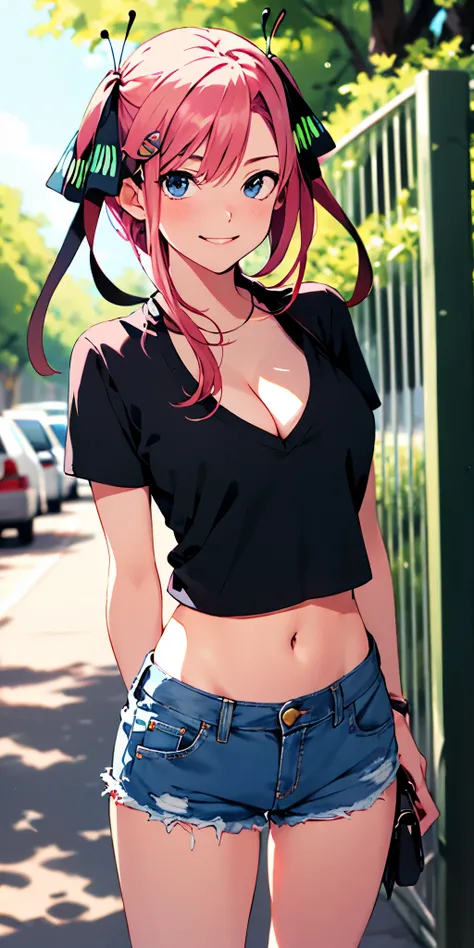 2d, masterpiece, best quality, anime, highly detailed, 1girl, solo, cowboy shot, nakano nino, pink hair, butterfly hair ornament, crop top , cleavage, Denim shorts , medium breasts, standing, school, outdoors, smile