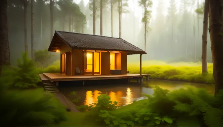 there  a small cabine sitting on a small dock in the woods, a pequena casa na floresta, casa de campo na floresta, Casa na floresta, solitary casa de campo na floresta, casa de campo na floresta, cabine in the woods, peaceful wooden mansion, cabine, casa d...