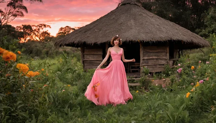 There is a beautiful girl "milha Jovovich", com um longo, lime green detailed dress, in a scenario. mundo de fantasia encantador. Montanhas majestosas se erguem ao fundo, enquadrando um vale verdejante e sereno. Uma casa de campo pitoresca aparece em prime...