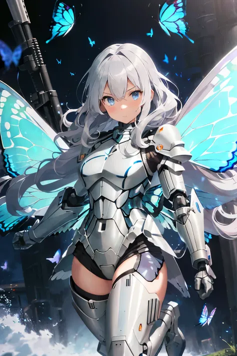 (gray hair:1.2),(light blue eyes:1.3),(long hair with a lot of hair:1.2),(Fluffy curly hair:1.2),(With bangs),blush,(white armored suit:1.35),(Feminized armored suit:1.4),(Smooth body lines:1.3),(My chest is sticking out:1.25),(the whole body is covered wi...