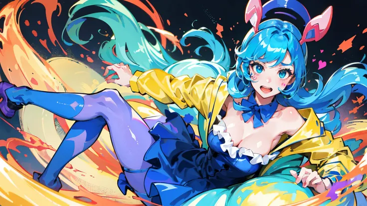 1 girl,solo, masterpiece, best quality,full-body shot，（Girl puts on clown costume:1.8），face color，（There  heavy makeup on the face:1.8），Eerily laughter，perfect lighting, Double tail, drill hair, blue hair, blue eyes, Gwen, 