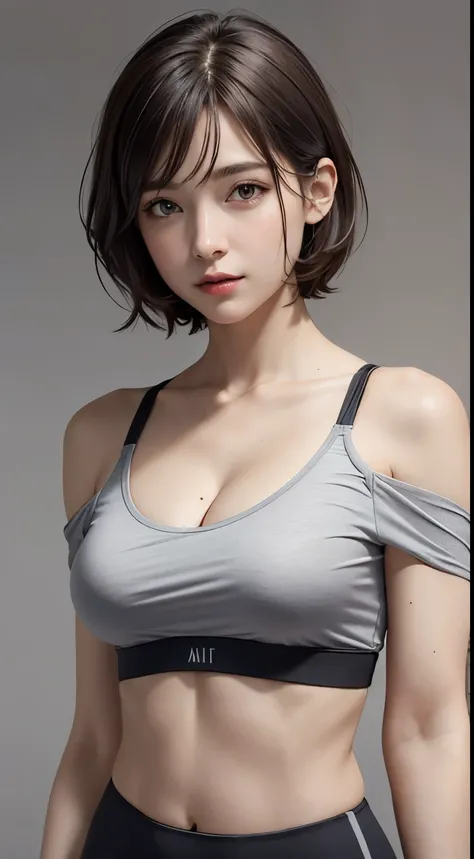 Looking at Viewer, cinematic lighting, Perfect fit, soft light, High resolution skin:1.2, realistic skin texture, body tired from sports、30 years old mature woman、small face、no makeup、Makeup is light、short cut hair、dark brown hair、Bust B Cup、small breasts ...