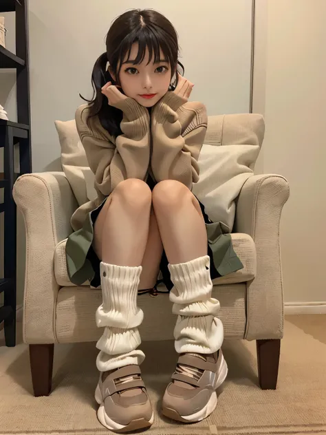 (highest quality, masterpiece), shiny body,  shiny skin,
an image of a girl wearing sweater sitting on a chair,  (wearing loose socks, dark green, gray, camel), skirt, 1 girl, lower body, sneakers, alone, sitting, skirt,  carpet,loose socks, pile up socks,...