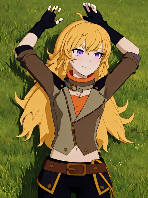 ((masterpiece,best quality)), 
yang_rwby,  1girl, solo, yellow hair, long hair, purple eyes, 
ahoge, mechanical arm, closed_mout...