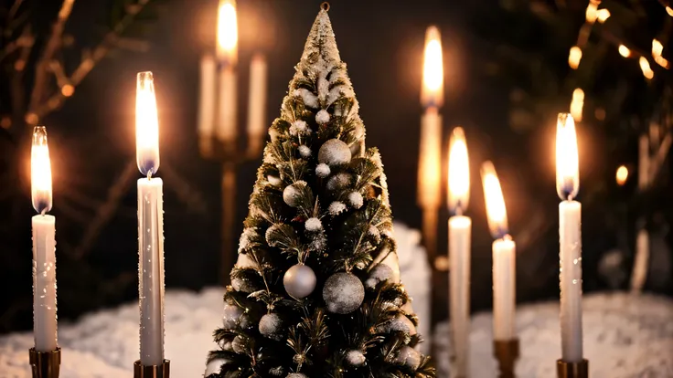 night ,snow and dark starry sky snowy and Christmas candles ,and a big Christmas tree,Magic Lights,Santa Claus and the Snow Maiden,Clear Focus,high detail,HIGH HYPER QUALITY 8K