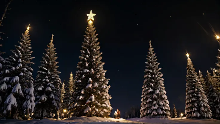 night ,snow and dark starry sky, snow and christmas candles ,and a big Christmas tree,fairy lights,Santa Claus and the Snow Maiden,Clear Focus,high detail,HIGH HYPER QUALITY 8K